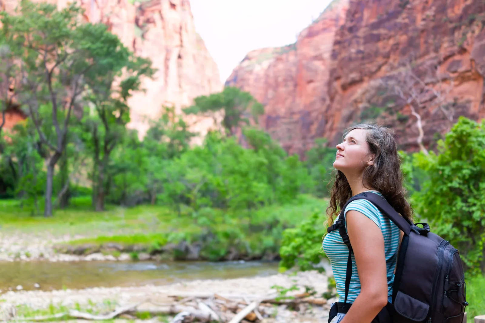 Hiker looking up at the canyon walls from the Virgin River bank in Zion
