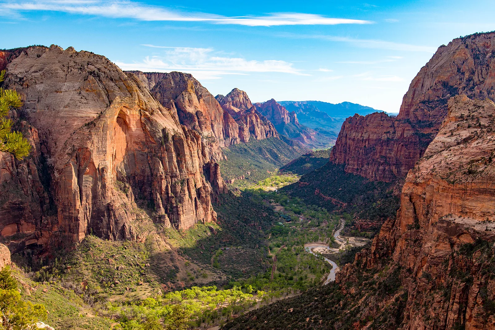 Zion Canyon seen from high on the east rim, the Virgin River threading the valley floor