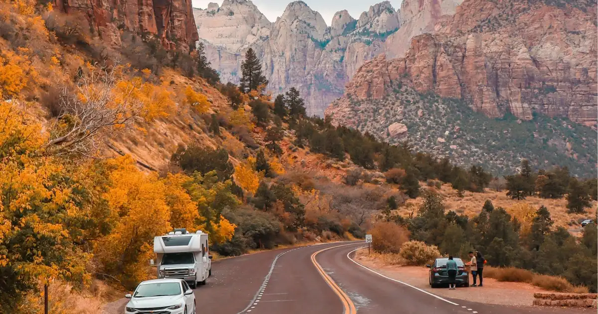 Traffic on the road into Zion National Park in autumn, the last stretch of the drive from Las Vegas